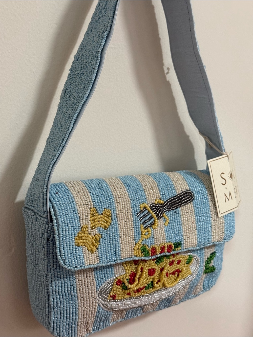 Blue Striped Beaded Pasta Shoulder Bag - Picture 5 of 5